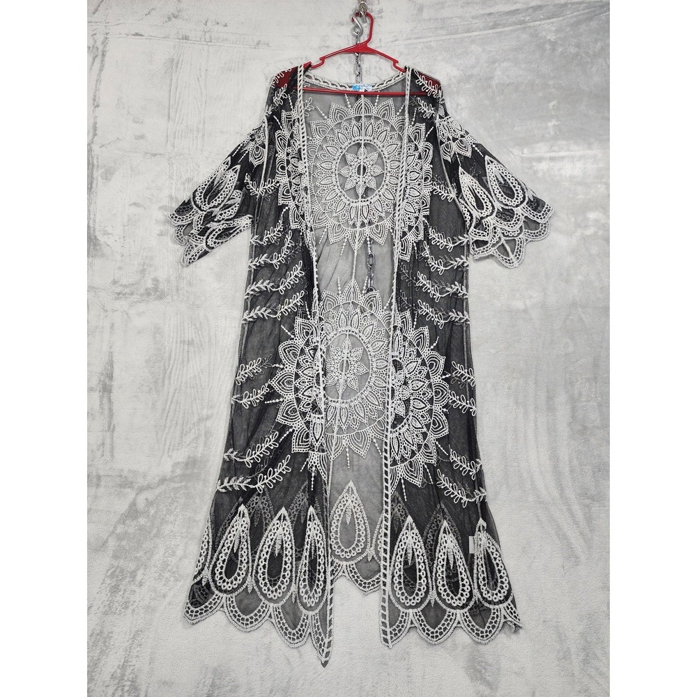 Rebellion Again Kimono Womens S Black Mesh‎ White Embroidered Sheer Boho Beach
